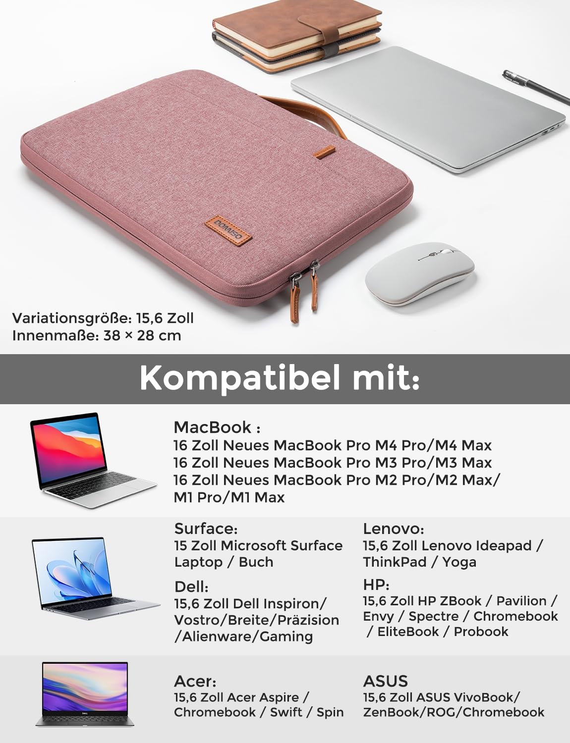 DOMISO Laptoptasche 15.6 zoll Laptop Hülle Tasche für 16 Zoll MacBook Pro 16 M5(2026)/M4(2025)/M3/M2/M1/Max,15,6 zoll Laptophülle Damen Wasserdicht Notebook Sleeve Case Bag Schutzhülle mit Griff,Rosa 4
