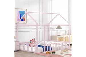 Lakifun Full Size Montessori Floor Bed, Metal House Bed Frame Montessori Beds with Fence Rails, Kids Playhouse Beds for Girls Boys Teens, Box Spring Required,Pink