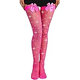 RSLOVE Women Thigh High Stockings Sparkly Rhinestone Fishnets with Satin Bow Tights Pantyhose Hosiery