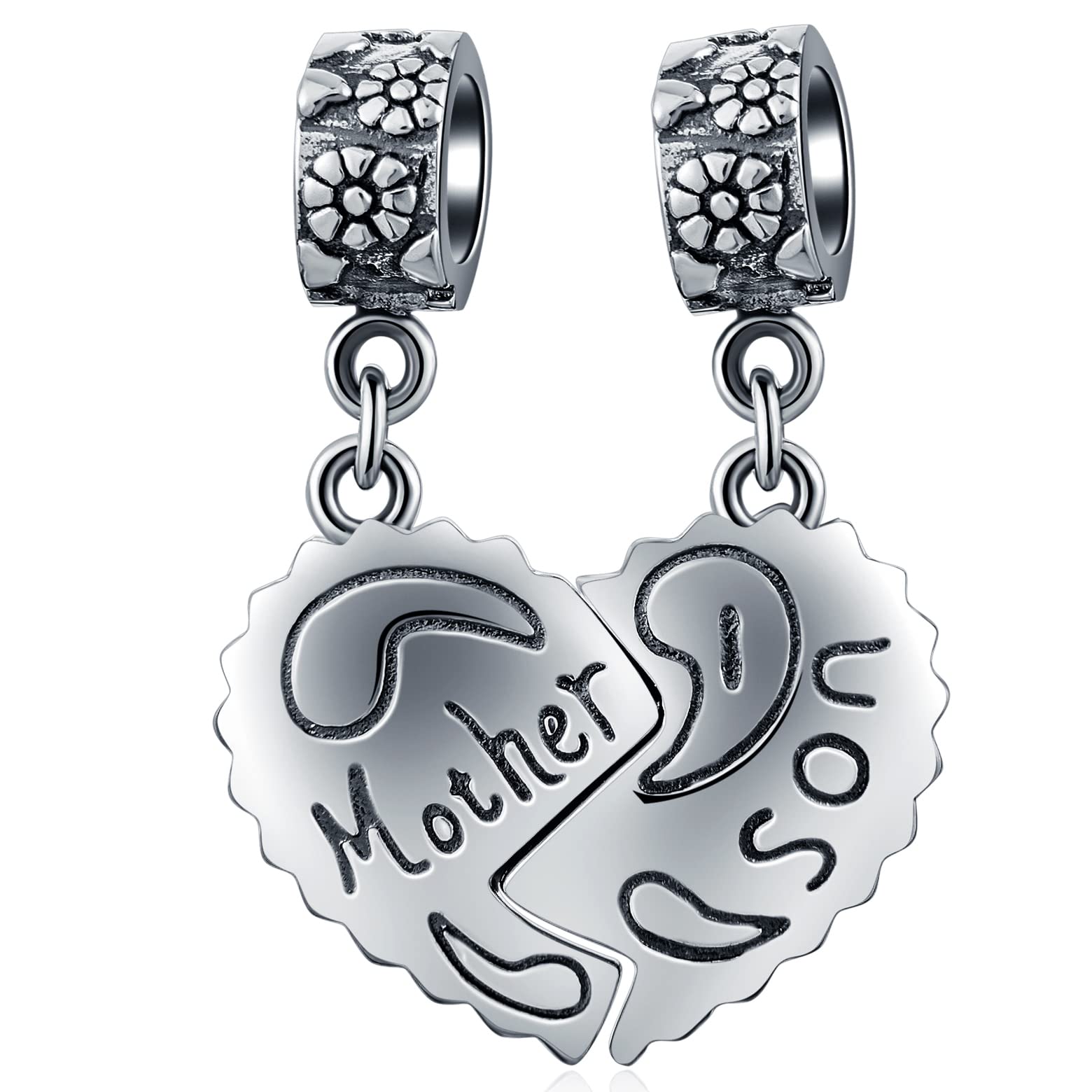 Mother Son Split Heart Charm Pendant, Fit Pandora Mother's Day Bracelet, 925 Sterling Silver Mum and Boy Dangle Beads, Gift for Grandma Birthday/Grandson and Godmother/Godson