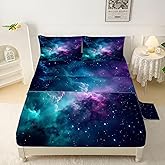 FUYEUN Blue Galaxy Sheet Set: Space Bedding Set Full/Queen Size for Women Kids Teens Girls Boys Cloud Starry Sky Bedroom Bed - 1 Flat Sheet, 1 Fitted Sheet, 2 Pillowcases
