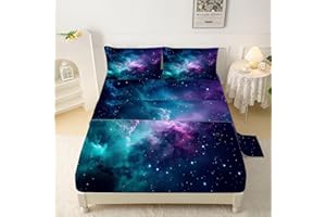 FUYEUN Blue Galaxy Sheet Set: Space Bedding Set Full/Queen Size for Women Kids Teens Girls Boys Cloud Starry Sky Bedroom Bed - 1 Flat Sheet, 1 Fitted Sheet, 2 Pillowcases
