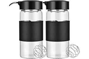 BNCWCQZ Small Glass Shaker Bottle, 2 Pack 16oz BPA Free Odorless Shaker Bottle with 304SS Mixing Ball and Removable Cleaning Brush for Fitness & Protein Shakes(Black-2Pack)
