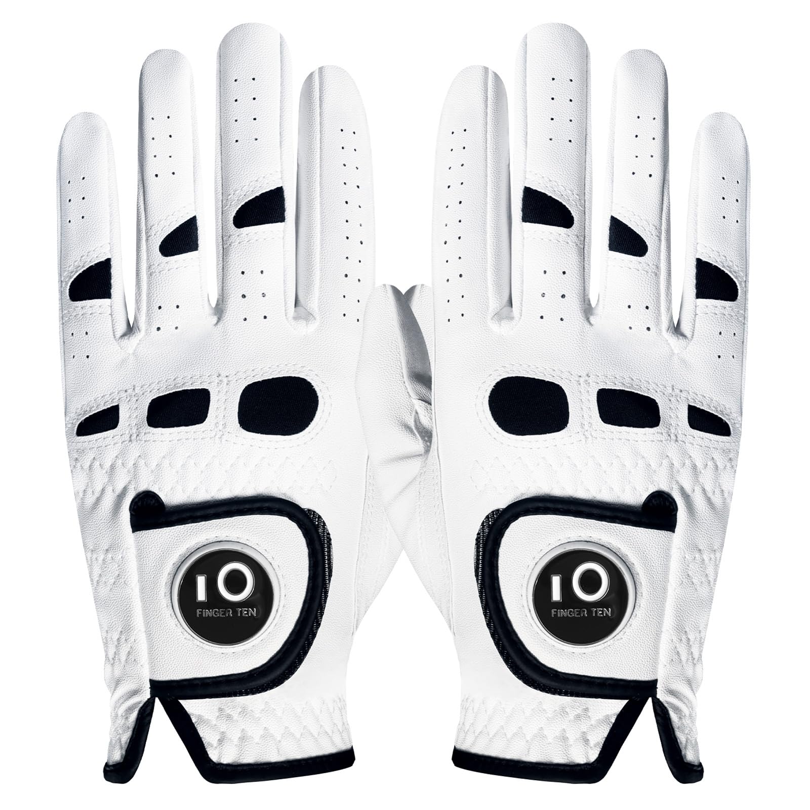 FINGER TEN Golf Gloves Mens Left and Right Hand All Weather Grip Cabretta Leather Weathersof Value Pair, Golf Gloves for men Rain Grip Breathable Wear Resistant (Beige, M)