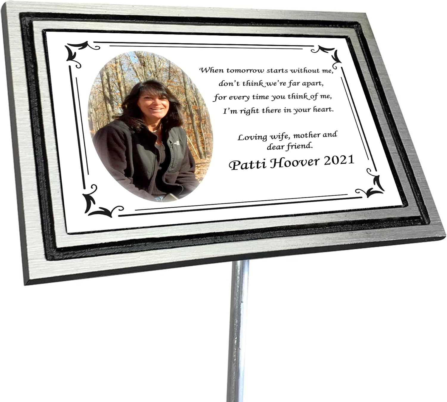 Plaques & Wall Art - NEW WORLD ACCENTS Personalized Photo Memorial Plaque, Grave Marker, Multiple Sizes, 8 x10, 6 x8, 4 x 6, Remembrance Plaque, Outdoor, Indoor Cast Aluminum Plaque with Stake, Engraved Plaque (Silver)