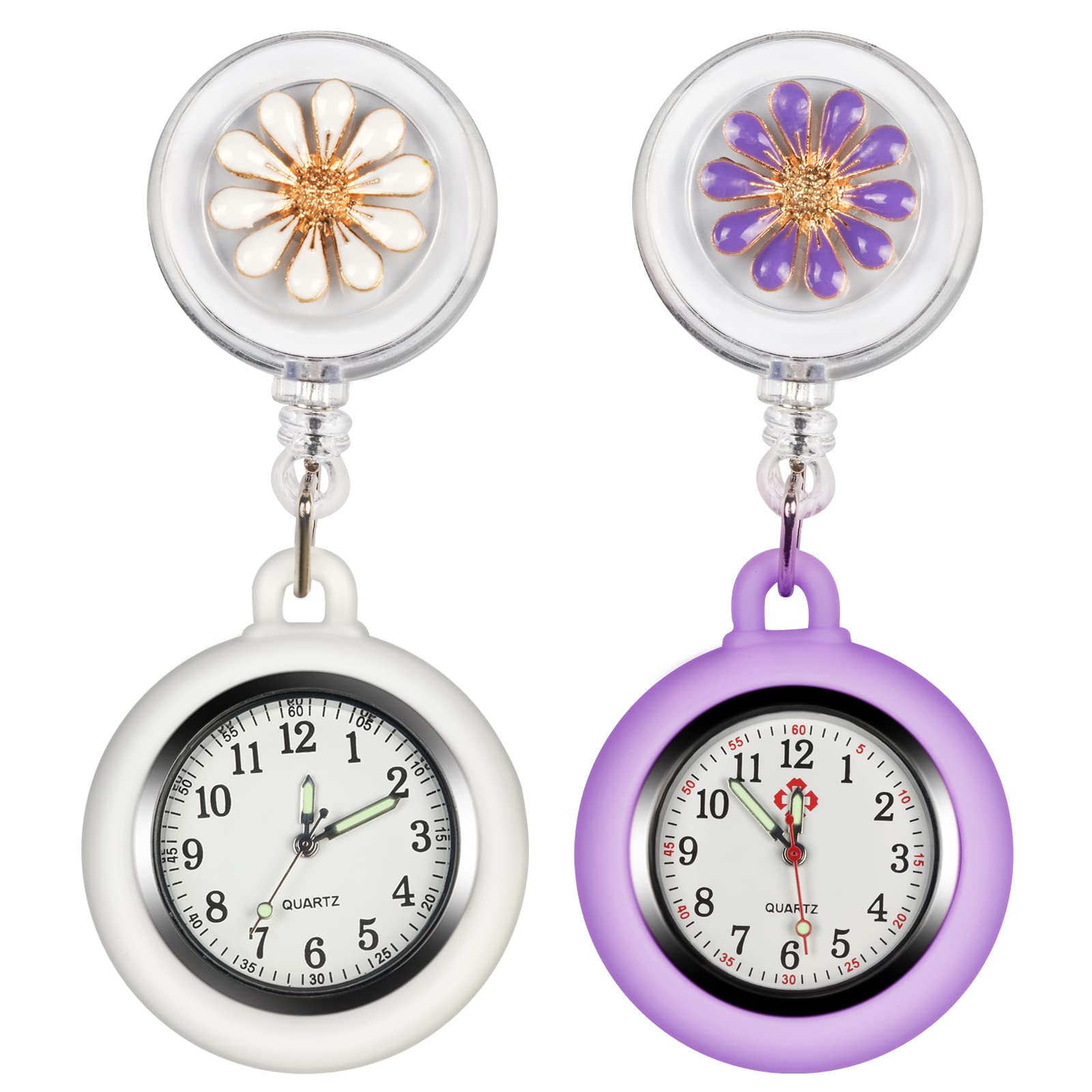 SibyTech Fob Watch, Clip-on Hanging & Retractable Medical Pocket Nurse Fob Watch for Men Women, Pointer Glow in Dark, Health Care Nurse Doctor Brooch Fob Watch (White, Purple)