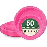 LANLISA 50 Pcs Hot Pink Plastic Plates For Party, 25-9" & 25-7" Disposable Cake Dessert Plates For Birthday, Valentines Day, Mothers Day Dinner