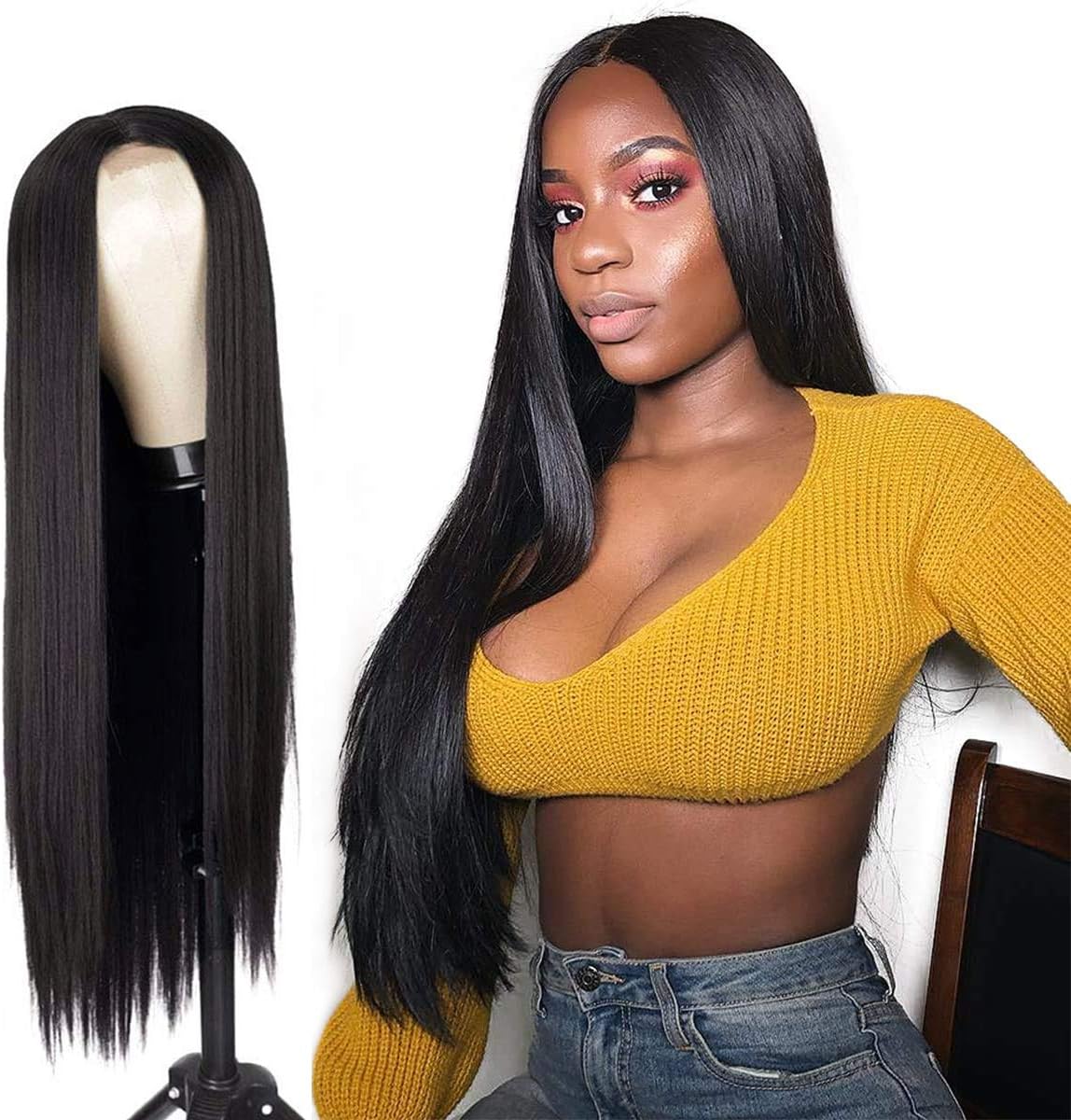 PORSMEER Natural Looking Wig Glueless Lace Hair Line Long Black Synthetic Heat Resistant Wigs for Women Ladies Silky Straght Middle Parting Wig,26 Inch