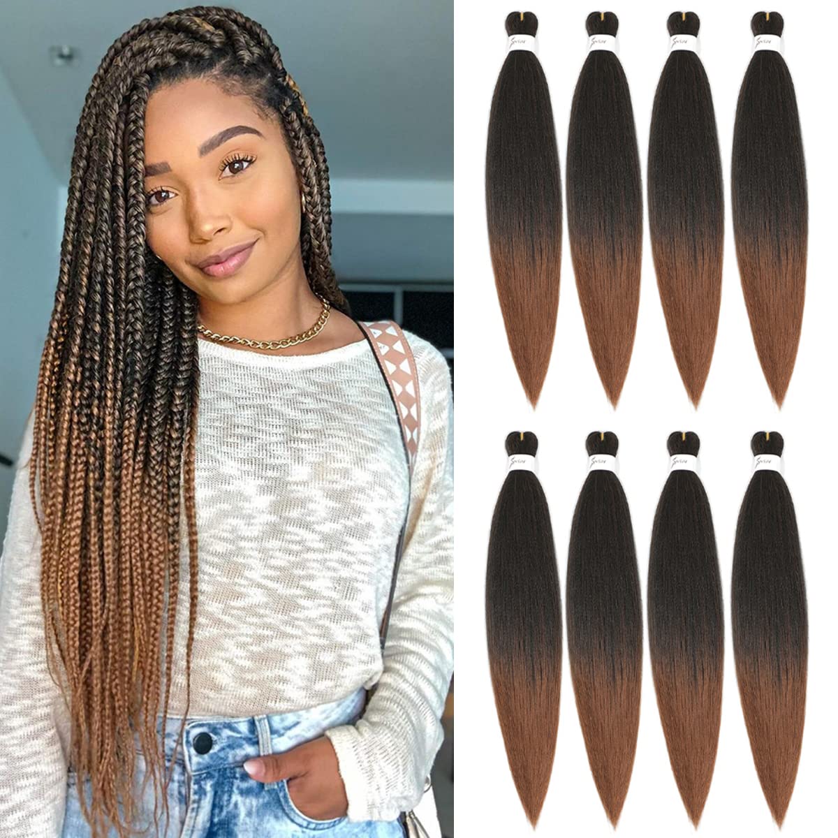 X-Tress 24"Easy Braids 8 Packs Spectra Pre-Stretched Braid Hair Ombre Brown Hair Extension Synthetic for Braiding 2 Tone Braids Yaki Braiding-Hair Crochet Twist Braid Ombre Light Brown(T1B/30)