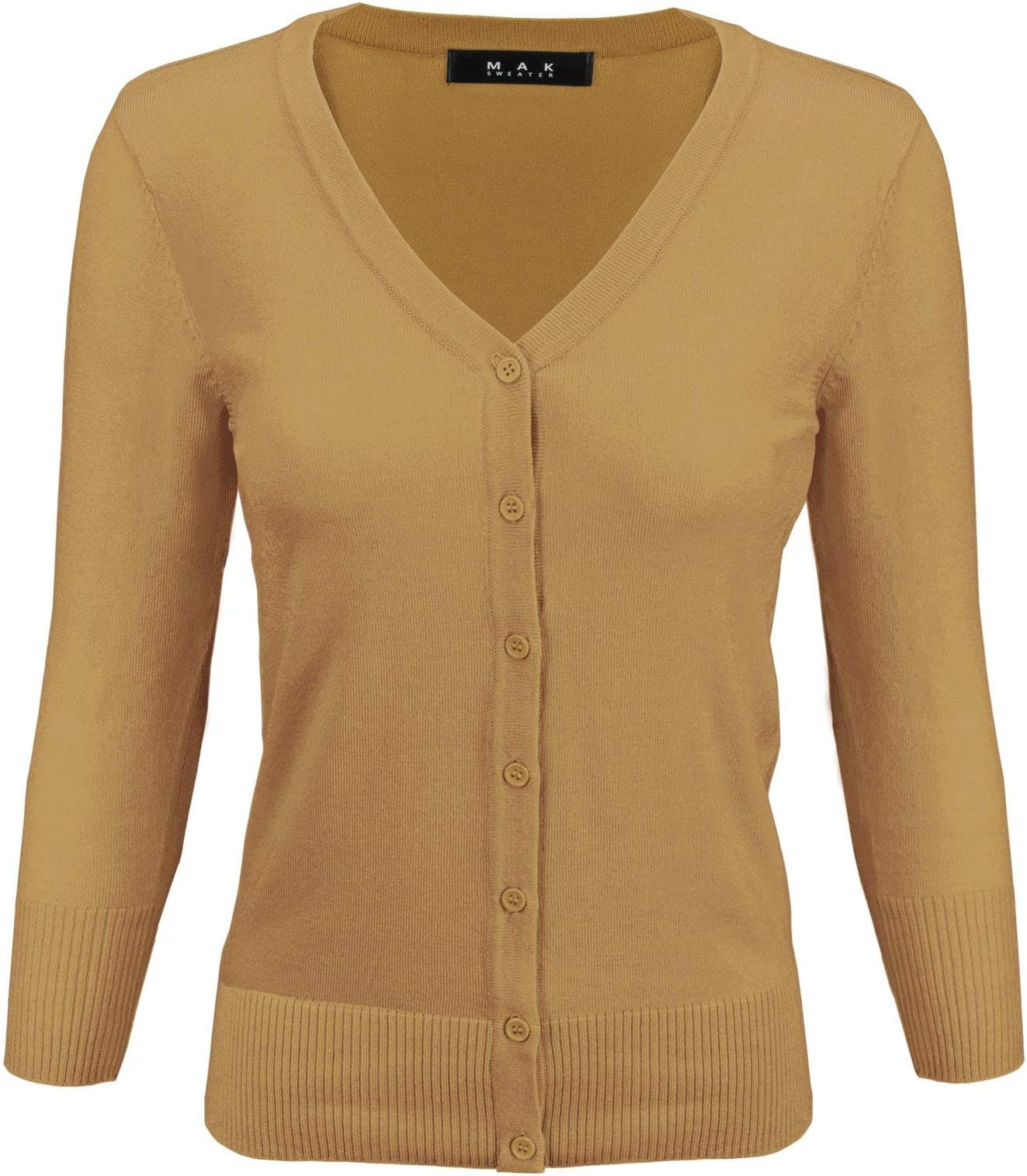 YEMAK Women's 3/4 Sleeve V-Neck Basic Button Down Knit Cardigan Sweater