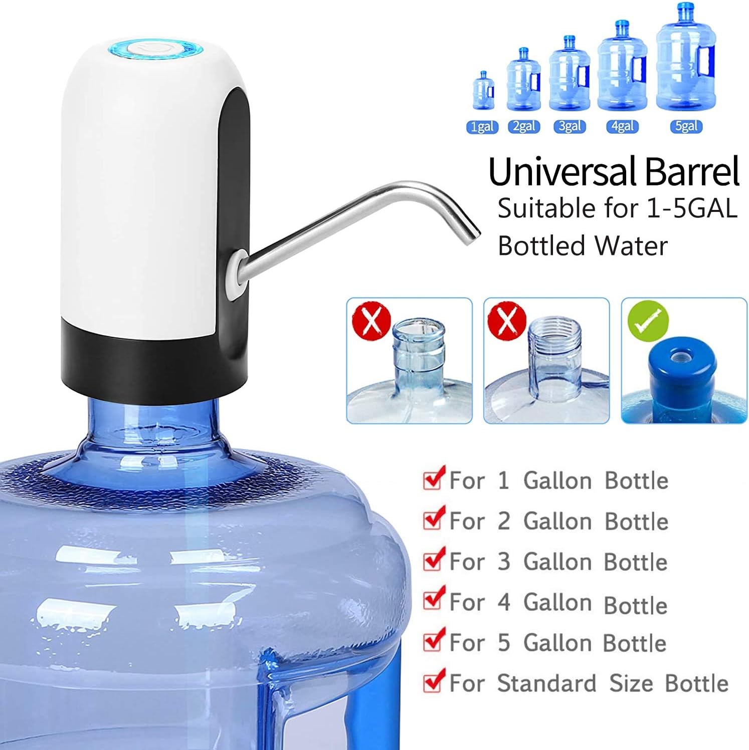 Water Bottle Pump 5 Gallon Water Bottle Dispenser USB Charging Automatic Drinking Water Pump Portable Electric Water Dispenser Water Bottle Switch (White) - - 