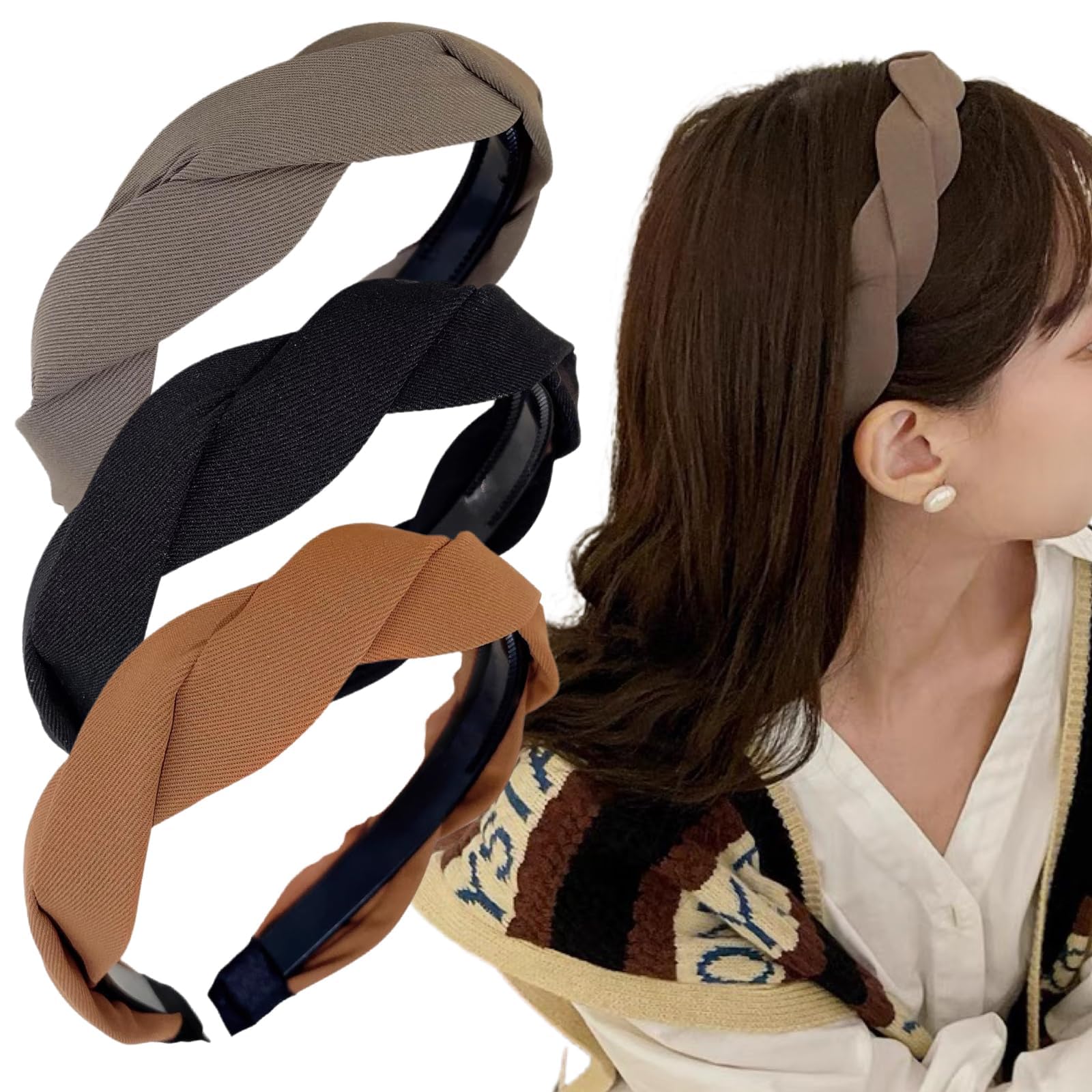 Ypkia Pack of 3 Women's Braided Headbands, Wide Hair Bands with Teeth, Knotted Fabric Headbands, Hair Accessories for Women and Girls