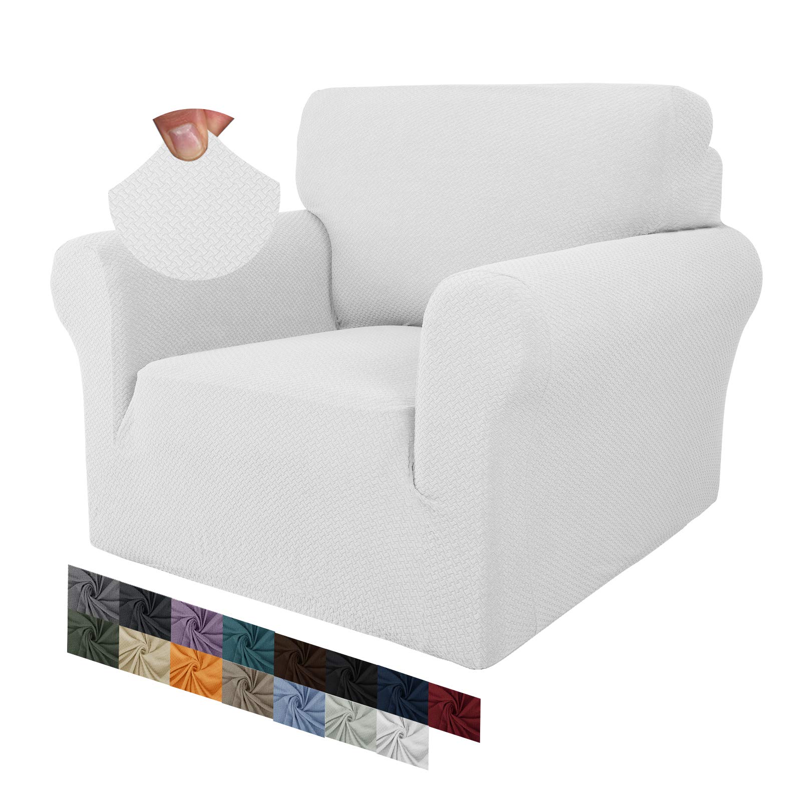 MAXIJIN Creative Jacquard Chair Covers for Living Room, Super Stretch Non Slip Chair Slipcover with Arms Dogs Pet Friendly 1-Piece Elastic Sofa Couch Protector Armchair Cover (1 Seater, White)