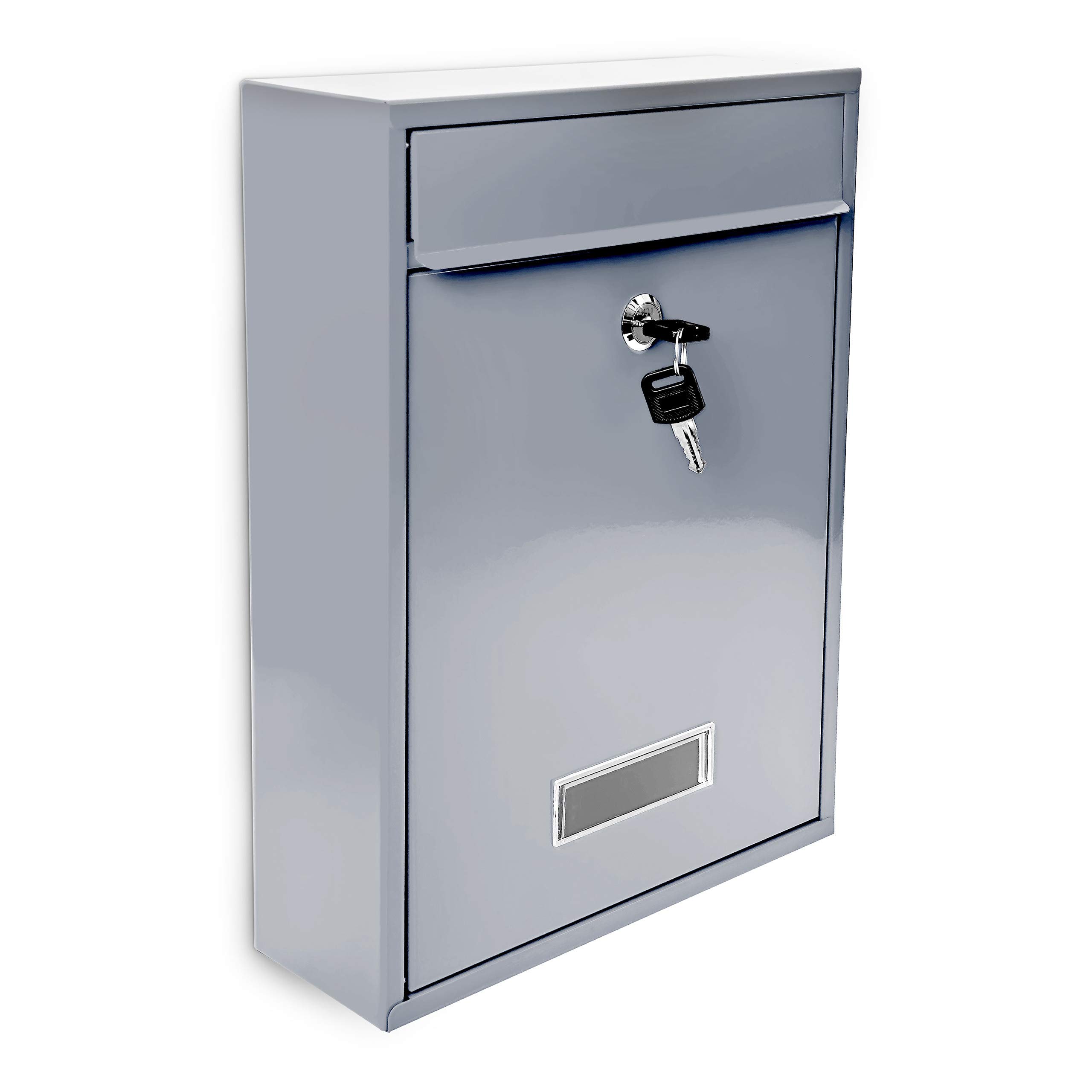 Relaxdays Mailbox/Letterbox made of Metal, Hinged Lid with a Name Plate + 2 Keys, HxWxD: 26.5 x 35 x 8.5 cm, Silver, Steel