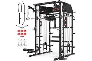 Mikolo Smith Machine, Multi-Function Power Cage with Dual Pulley System, Vertical Leg Press Attachment, Squat Rack Power Rack with More Training Attachment for Home Gym