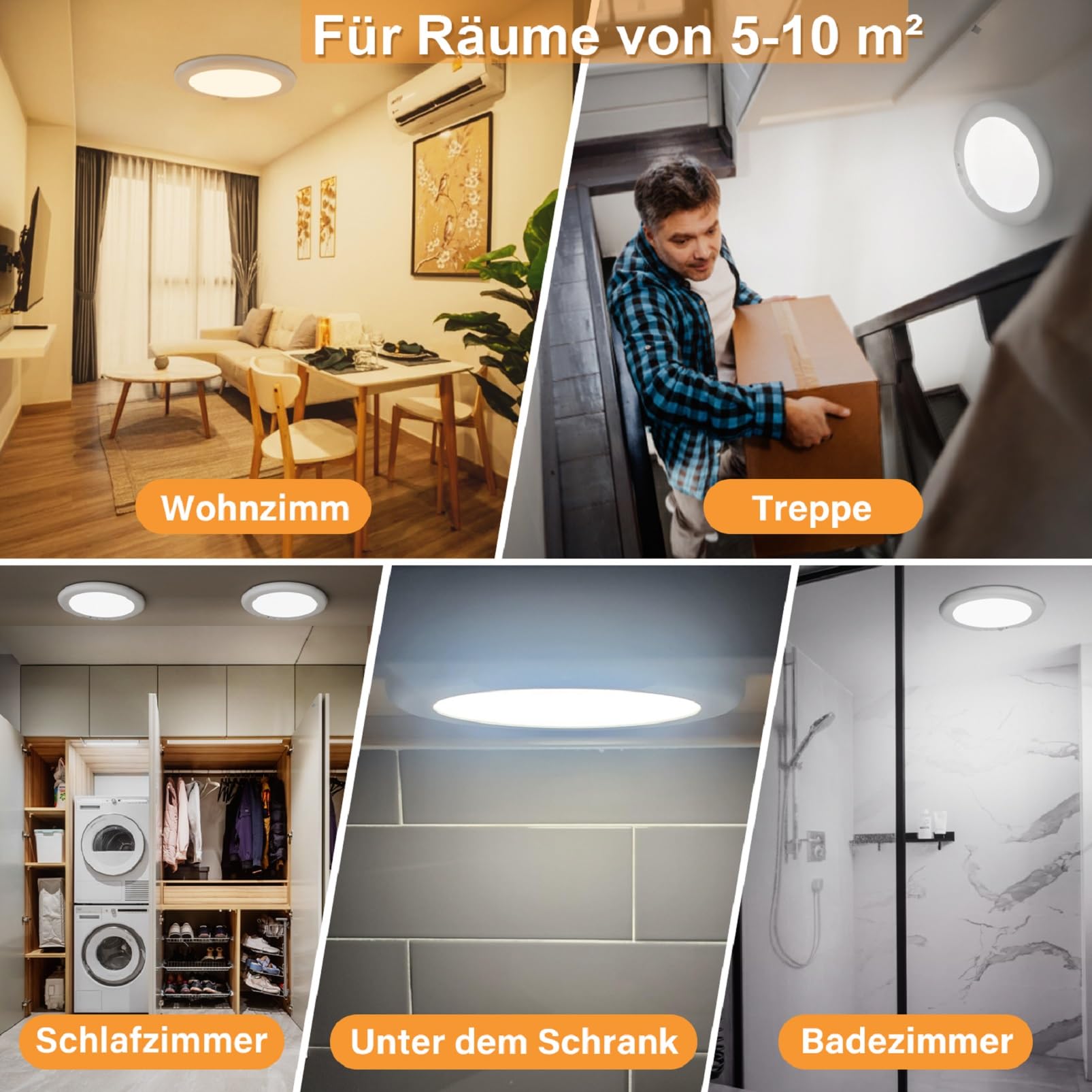 Akku Deckenlampe mit Bewegungsmelder, Aufladbar Akku Deckenleuchte Ohne Stromanschluss, 4000MAH LED Batteriebetriebene Deckenleuchte mit fernbedienung, Ohne Bohren,Dimmabar,3000K,4000K,6500K,Φ19CM