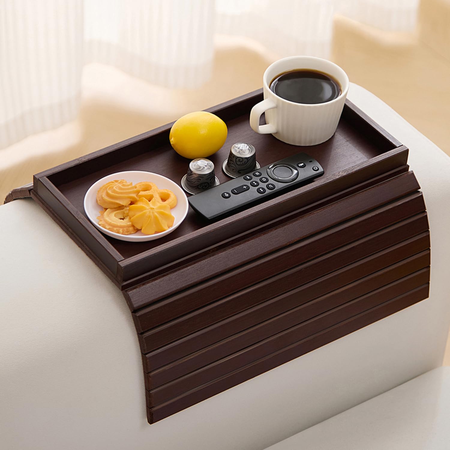 Photo 1 of Bamboo Couch Arm Tray Table?Foldable Sofa Armrest Tray Table for Couch?Flexible and Anti-Slip Couch Arm Cup Holder?Portable Sofa Arm Chair Table for Drink,Cups, Eats?Snacks, Phone, Remote