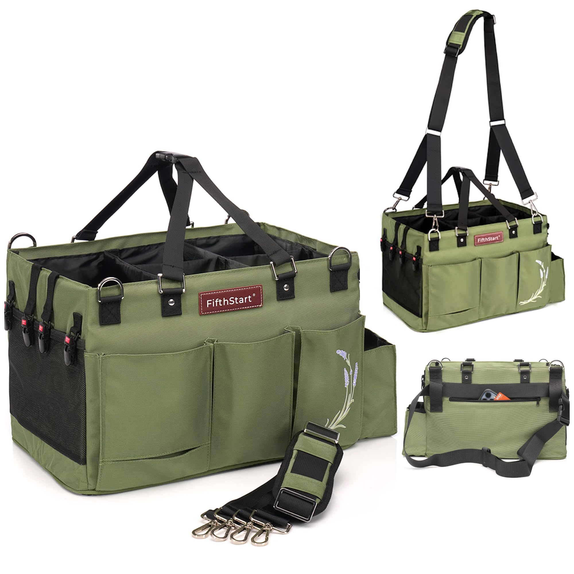FifthStart Multipurpose Cleaning Caddy with Handle, Waist & Shoulder Strap - Nappy Caddy - 9 Pockets & Easily Cleaned - Sturdy & Portable Storage Box with Adjustable Compartments (Green, Large)