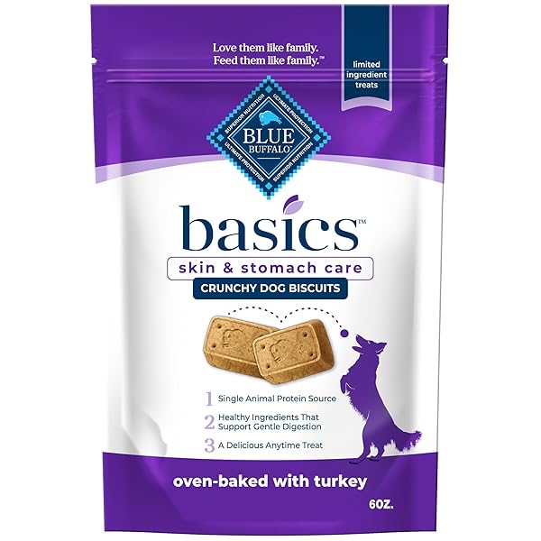 BLUE BUFFALO BASICS DOG BISCUITS, SKIN & STOMACH CARE CRUNCHY DOG TREATS, TURKEY RECIPE, 6-OZ BAG