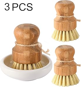 Bamboo Dish Scrub Brushes by Subekyu, Kitchen Wooden Cleaning Scrubbers Set for Washing Cast Iron Pan/Pot, Natural Sisal Bristles, Set of 3