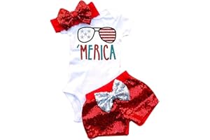 UNIQUEONE 3Pcs Baby Girls Merica Flag Stars Print Romper Bodysuit Sequins Shorts+Headbands Sets