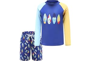 AISYEE Boys Two Piece Rash Guard Swimsuits Set with Swim Trunk Kids Long Sleeve Bathing Suit Swimwear Set