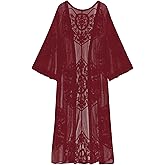 Romanstii Women's Lace Cardigan Floral Crochet Sheer Beach Cover Ups Long Kimono