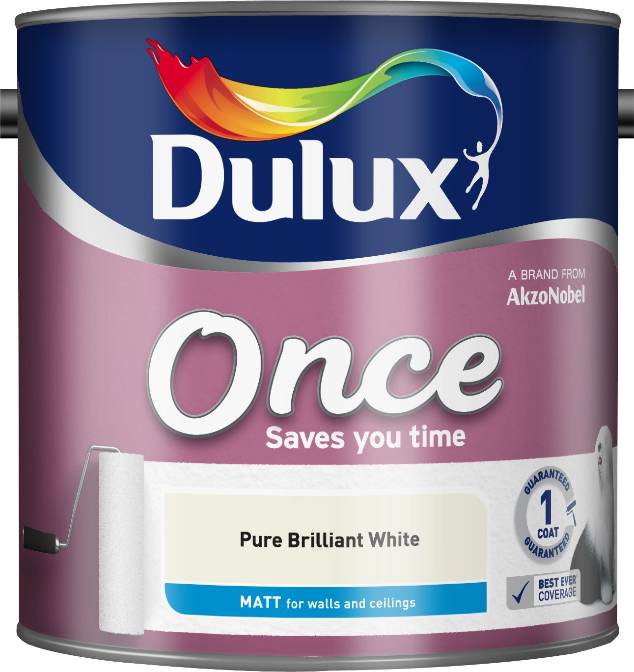 Dulux Once Matt Emulsion Paint For Walls And Ceilings - Pure Brilliant White 2. 5 Litres