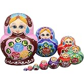 Moonmo 10pcs Beautiful Handmade Wooden Russia Nesting Dolls Gift Russian Nesting Wishing Dolls White Beautiful Flower Matryoshka Traditional. &hellip;