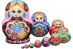 Moonmo 10pcs Beautiful Handmade Wooden Russia Nesting Dolls Gift Russian Nesting Wishing Dolls White Beautiful Flower Matryoshka Traditional. …