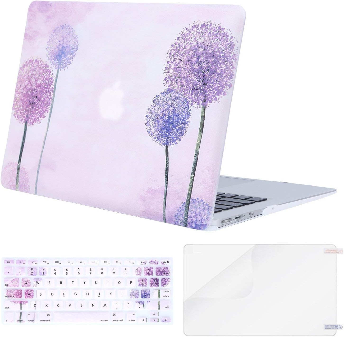 MOSISO Plastic Pattern Hard Case & Keyboard Cover & Screen Protector Only Compatible MacBook Air 13 Inch, Light Purple Flower