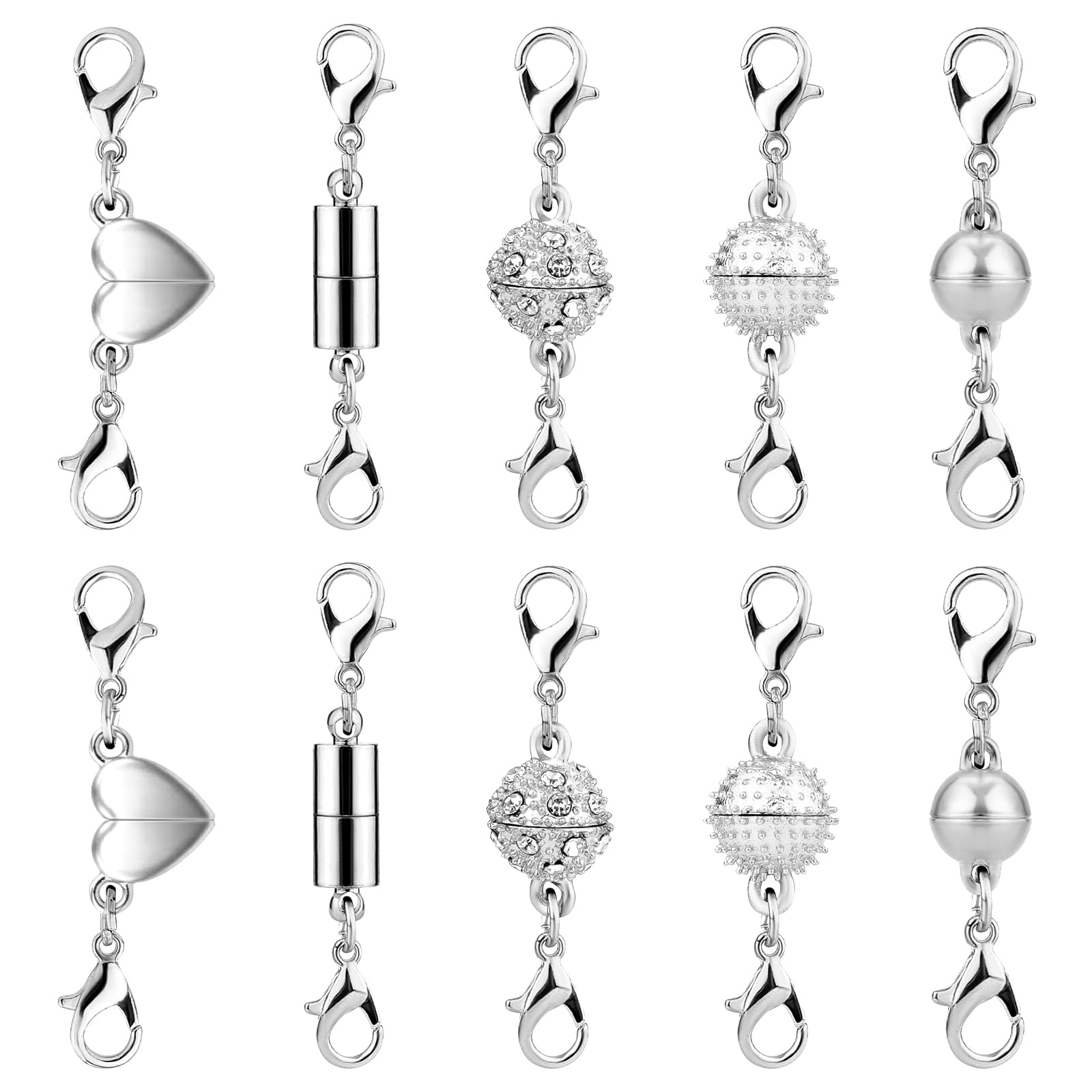 Mikovivi 10pcs Locking Magnetic Clasps, Magnetic Necklace Separator 5 Styles Locking Jewelry Clasps Magnetic Necklace Layering Chain and Closures Layered Clasps for Anklets Necklaces Jewelry (Silver)