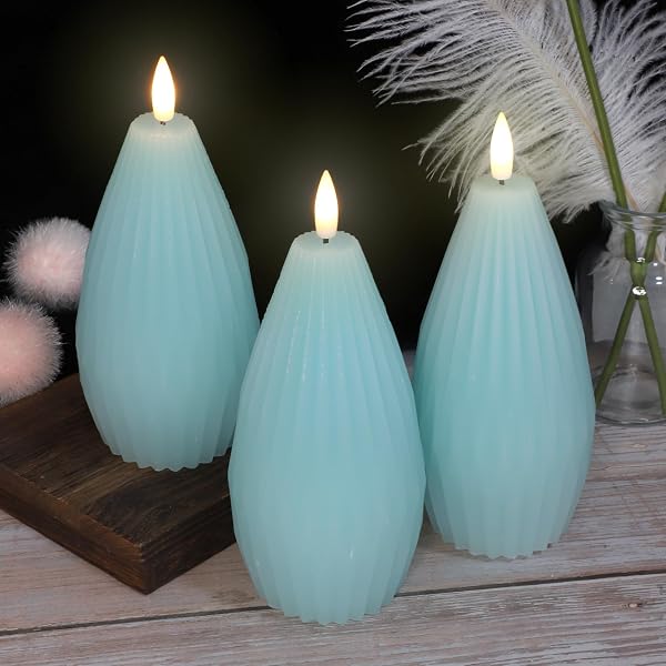 IMMEISCENT BLUE RIBBED FLAMELESS CANDLES WITH REMOTE FLICKERING REALISTIC BATTERY POWERED LED REAL WAX DECORATIVE CANDLE GEOMETRIC AESTHETIC RIBBED MODERN OCEAN DECOR FOR HOME TABLE FIREPLACE, 3PACK
