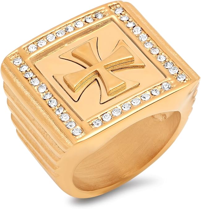 Men's 18K Gold Plated Stainless Steel Cross Ring with Simulated