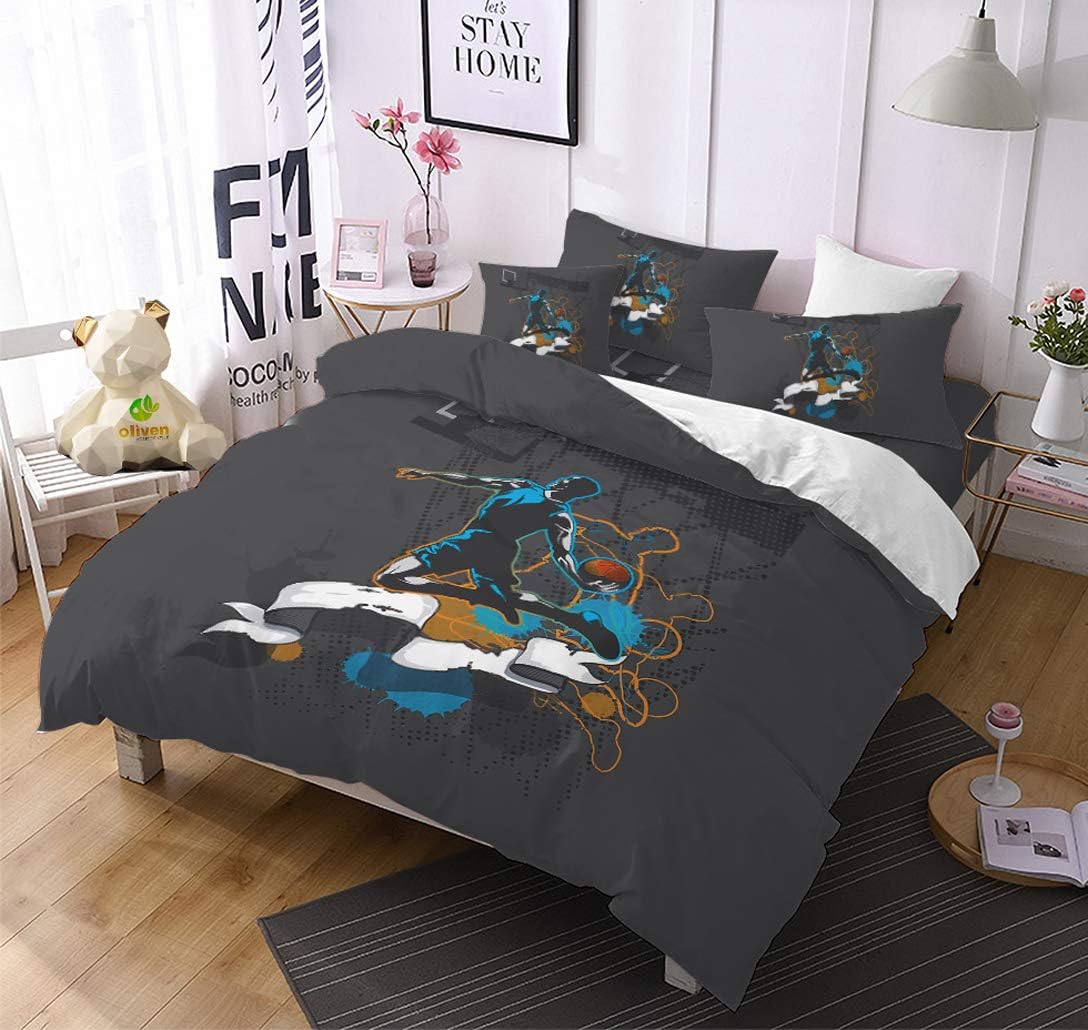 3-Piece Sport Series Duvet Cover Full with Pillowcases, Blue Splash Effect Basketball Player Slam Dunk Printed Bedding Set, Lightweight Soft Breathable Basketball Bedspread Comforter Cover