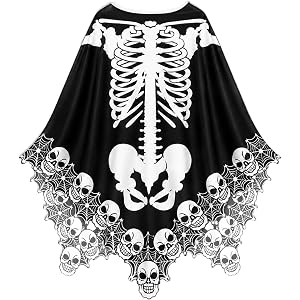 Veloranty Halloween Skeleton Poncho, Black Skull Spiderweb Costume Cape | Lightweight Shoulder Wrap for Witch, Ghost, Day of