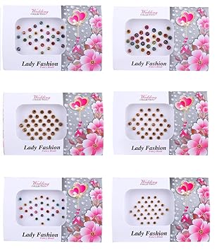 Lady Fashion Round Size Bindi Golden and Multi Color Combo of 6 Pcs