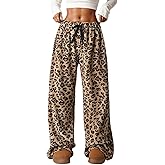 VCM Leopard Print Pants Y2k High Waisted Baggy Trousers Drawstring Fluffy Cheetah Fuzzy Pajama Sleepwear