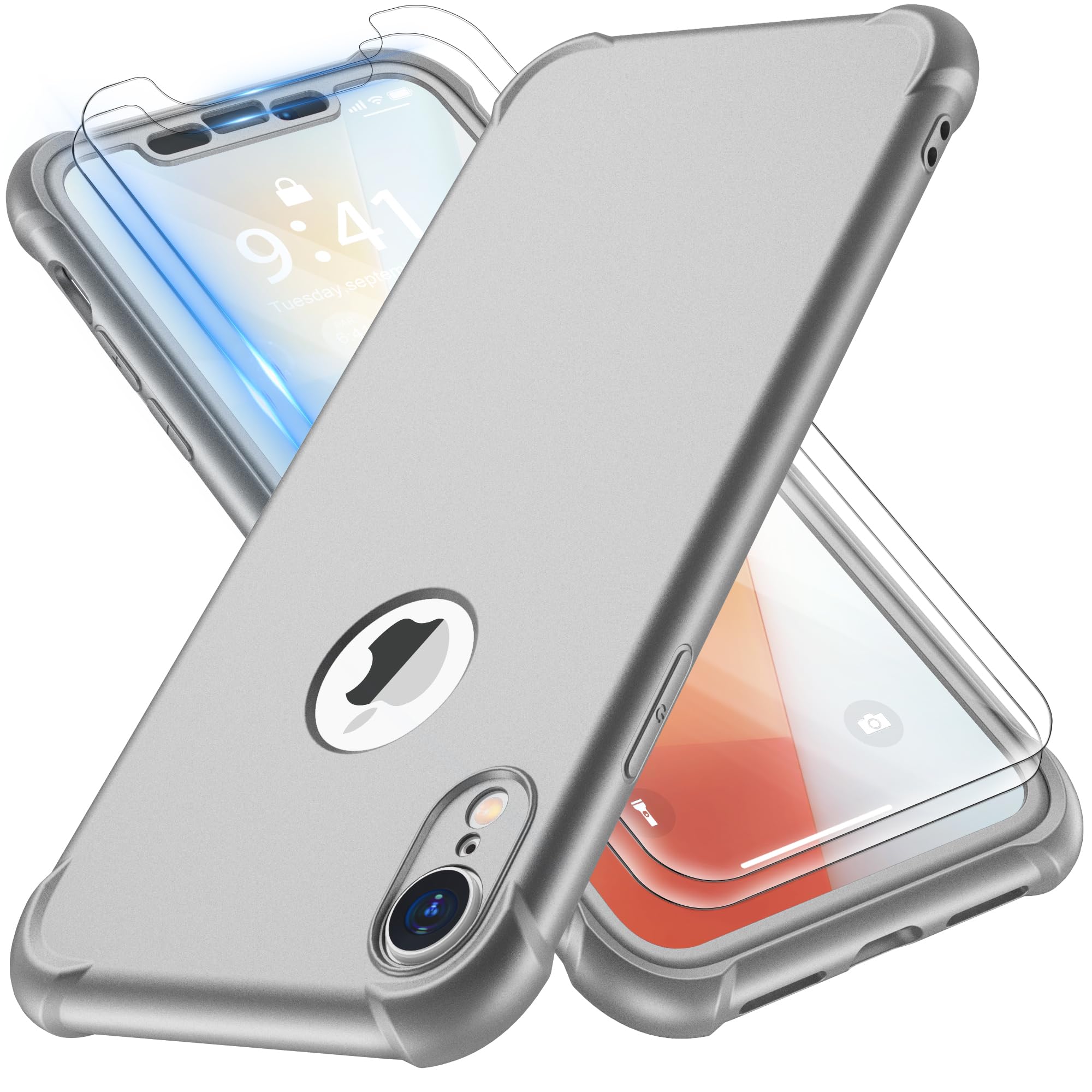 ORETECH for iPhone XR Case, with [2 Pack 9H Screen Protectors] [10 Ft Military Grade Drop Test] [Camera Protection] 360 Shockproof Ultra Thin Anti Scratch Hard PC Silicone Bumper Cover - Silver