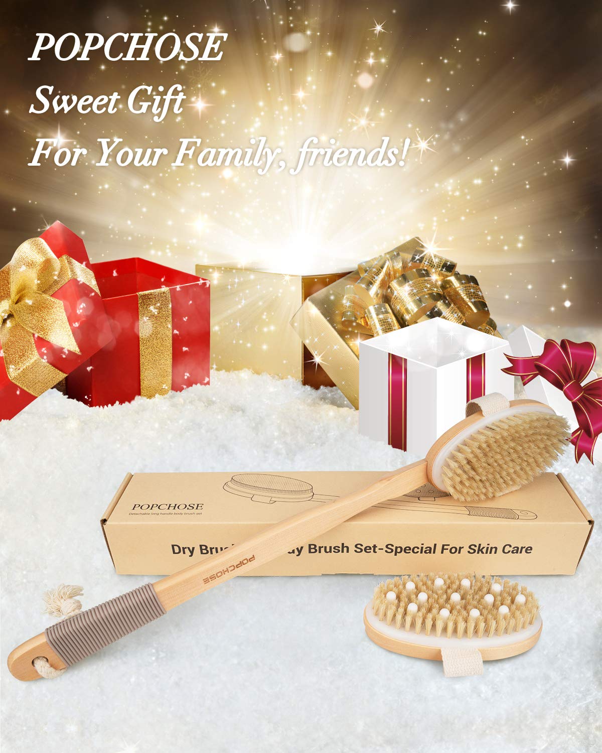 Shower Brush, POPCHOSE Detachable Dry Brushing Body Brush for Body Cellulite and Lymphatic, Back Scrubber for Shower Long Handle Natural Bristle Exfoliator Scrubber, Dual Brush Heads for Women & Man : Beauty