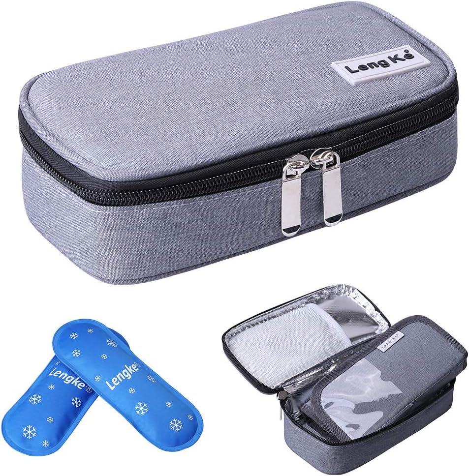 JAKAGO Insulin Cooler Travel Case Waterproof Portable Diabetic Medical Organize Bag with 2 Ice Pack Cooler Insulation Liner for Insulin Syringes Pens Vials Glucose Meter (Gray)