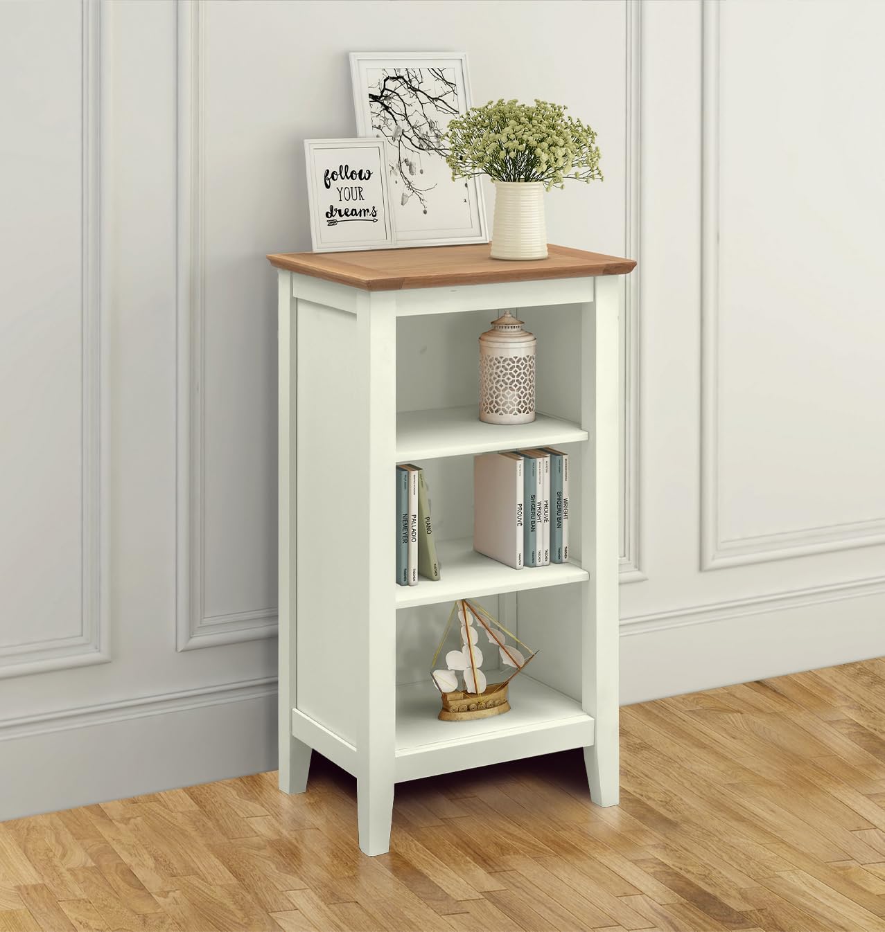 Hallowood Furniture Clifton Oak Painted Green Off White Small Bookcase, Solid Wooden Narrow Bookshelf with 2 Adjustable Shelves, Light Oak Top Book Shelf for Bedroom, Home Office, Living Room