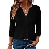 XIEERDUO 3/4 Length Sleeve Womens Tops V Neck Pleated Work Blouses Dressy Casual Summer Tops 2025 Trendy