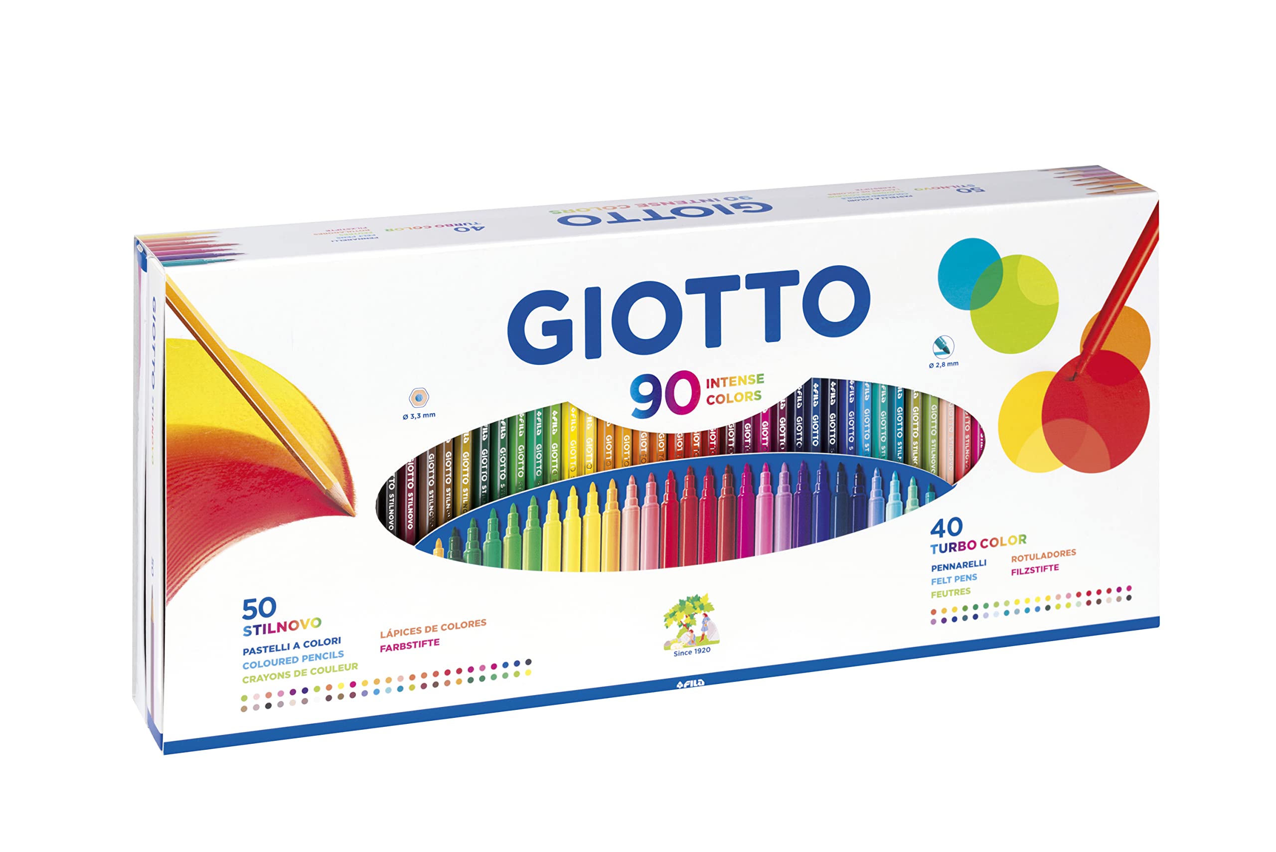 GIOTTO 90pcs Gift Box, 40 Turbo Colour Felt-Tip Pens & 50 Giotto Stilnovo Coloured Pencils, Assorted Colours, Ideal for Children & Schools