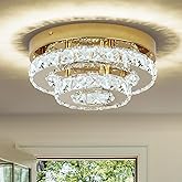 ECOBRT Gold Crystal Chandelier Flush Mount Ceiling Light, 9.8" Surface Mount LED Fixture with Built-in Light, Mini Bedroom Li