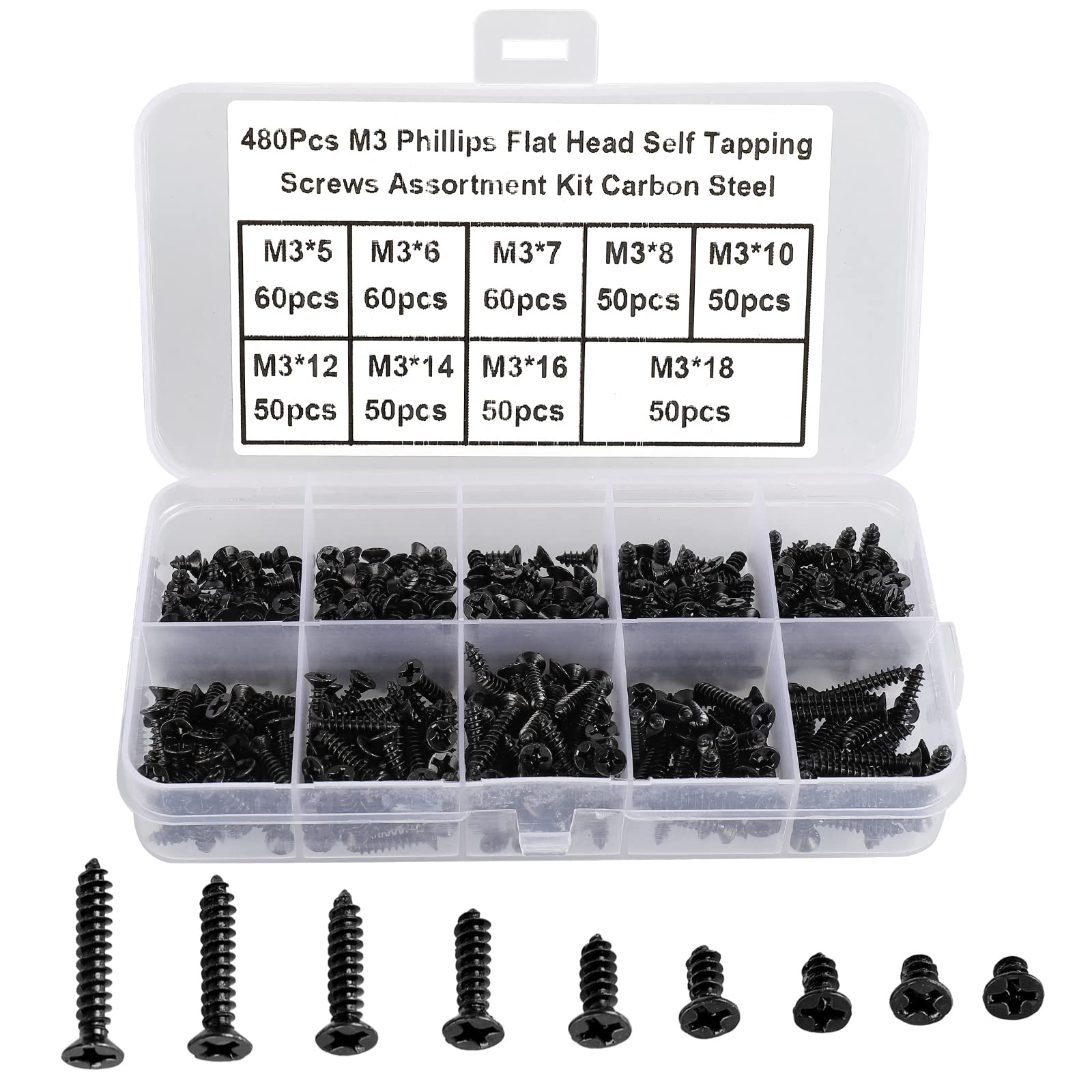 FandWay 480Pcs Self Tapping Screws Black,M3 Small Wood Screws Kit,Countersunk Head Self Drilling Screw,Flat Head Sheet Metal Screw Phillips/Cross Drive for DIY WoodWork Repairs.