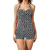 Tempt Me Women Tummy Control One Piece Swimsuits with Shorts Boyleg Retro Bathing Suit Halter Swimwear