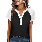 ANRABESS Womens Tops Short Sleeve Henley Shirts Summer V Neck Color Block Tunic T Shirts Casual Blouses Work Trendy Clothes