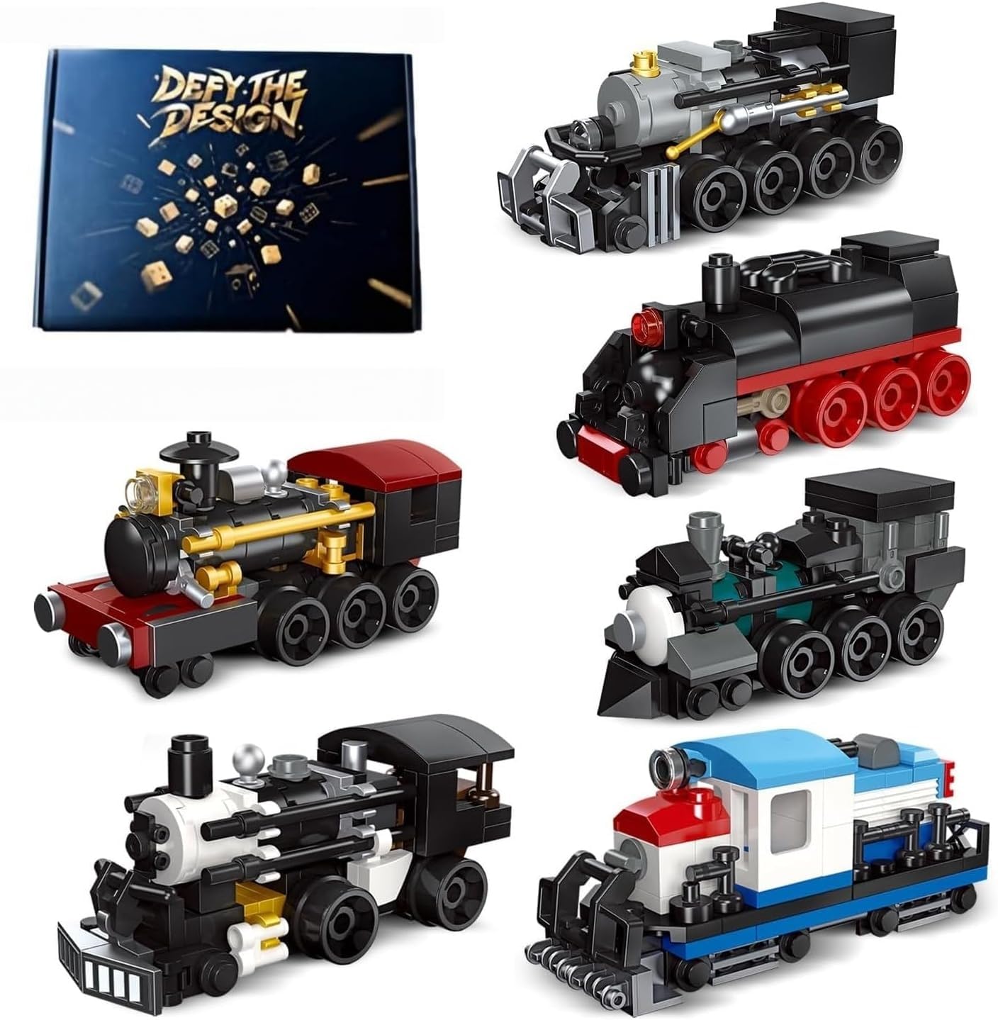 Unativer Train Building Blocks Set, 6 Packs Mini Steam Locomotive trains Collectible Construction Kit, City Freight Train Engineering Model Toys, Creative Gifts for Children,Adults Ages 6+（92307）