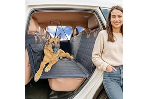 APetsPlanet Dog Car Seat Cover for Back Seat Hard Bottom - Waterproof Backseat Extender for Dogs - Pet Hammock for Car, Truck, SUV - Protector Bed with Mesh Window & Storage - Black, with Door Covers